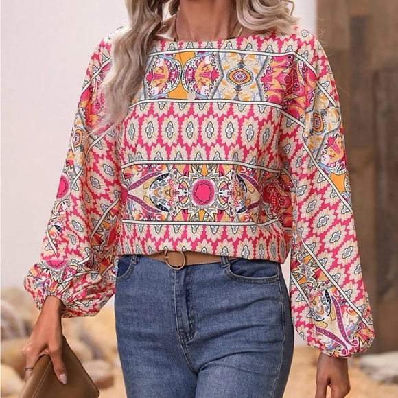 Boho Floral Paisley Print Boat Neck King Sleeve Top Blouse Shirt - Picture 6 of 6